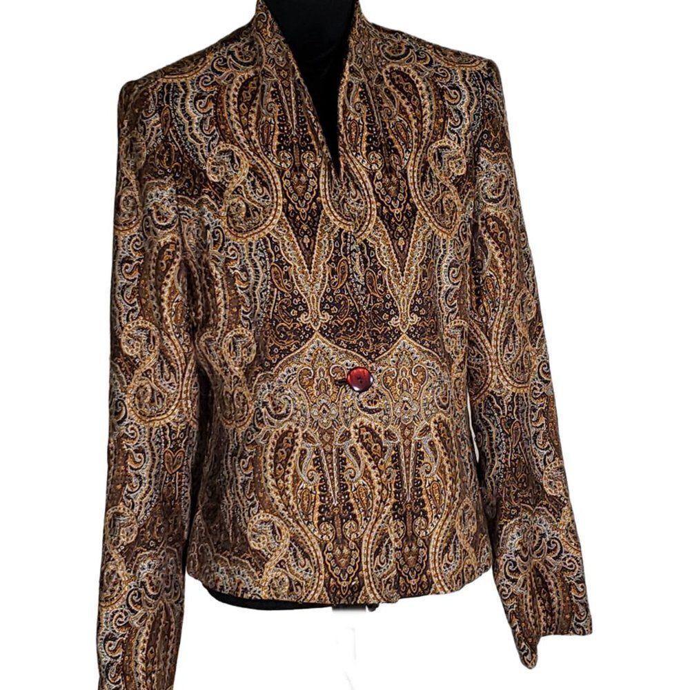 Covington BOHO One-Button Brown Orange Paisley Print Jacket Blazer Size LG